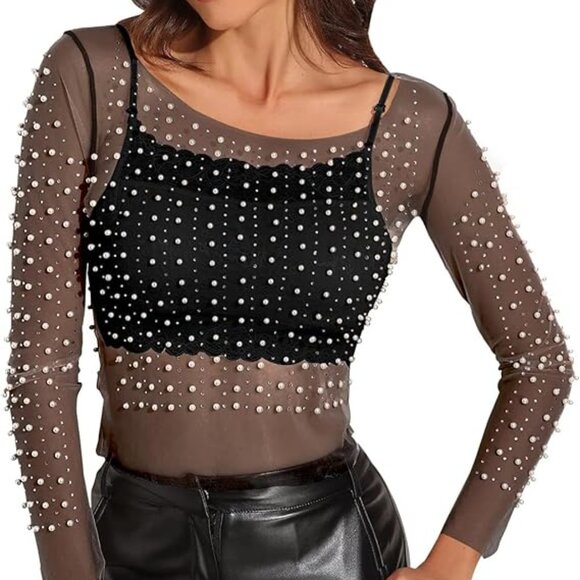 Women's Pearl Rhinestone See Through Long Sleeve Mesh Blouse Black - Picture 1 of 8